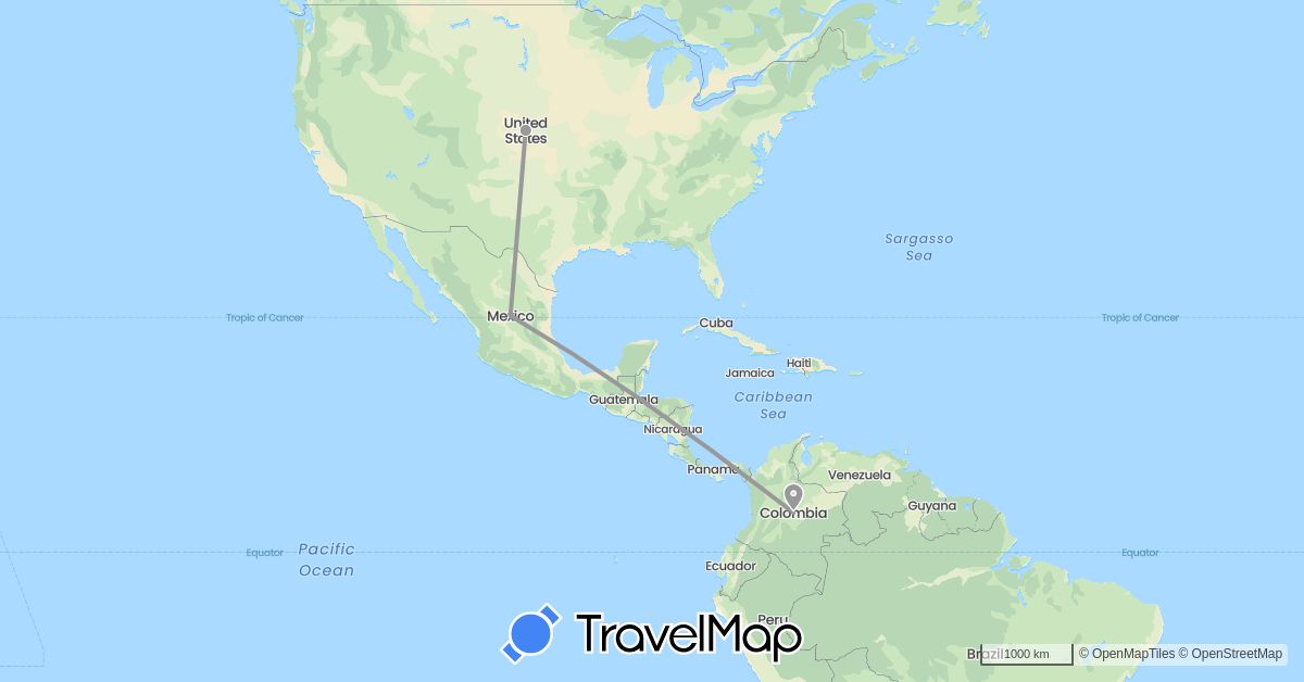 TravelMap itinerary: driving, plane in Colombia, Mexico, United States (North America, South America)